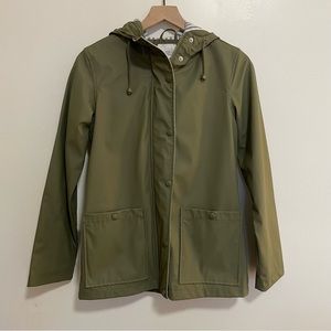 Thread and Supply Womens Raincoat Size S Olive Pockets Striped Lining Hood